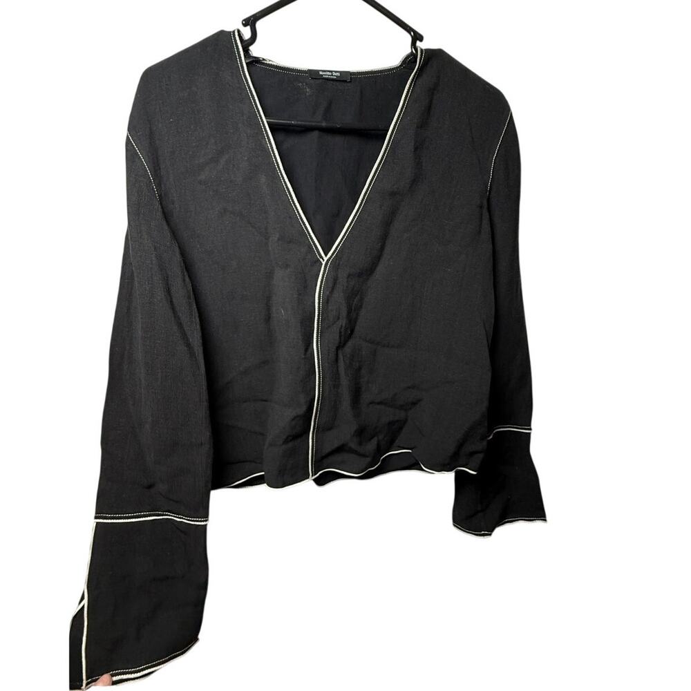 Black Massimo Dutti Blouse with White Trim V-Neck Bell Sleeve Top | Y2K | Small